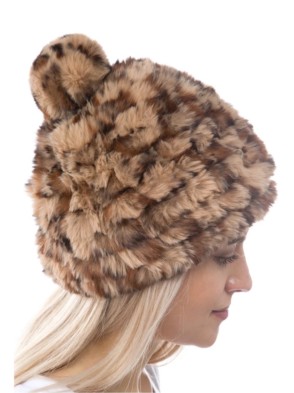 UEC MARCUS ADLER NEW YORK LEOPARD PRINT Faux Fur Pom Hat Brown PERFECT